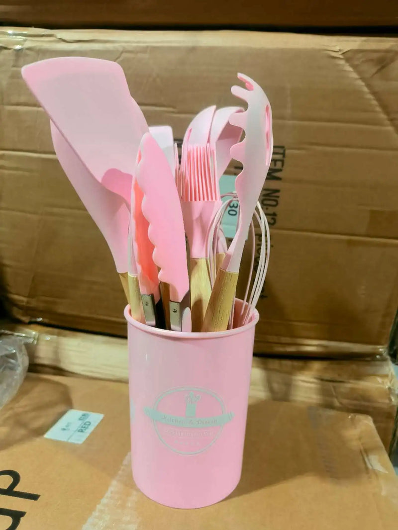 Utensílios de cozinha de silicone conjunto de utensílios de cozinha rosa antiaderente panelas espátula pá colher batedores de ovos cozinha conjunto de ferramentas