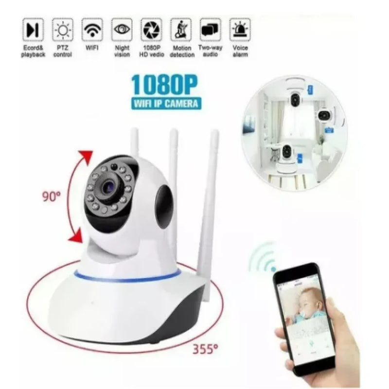 Camera Segurança Ip Interna 360 Graus 3 Antenas Wifi Áudio