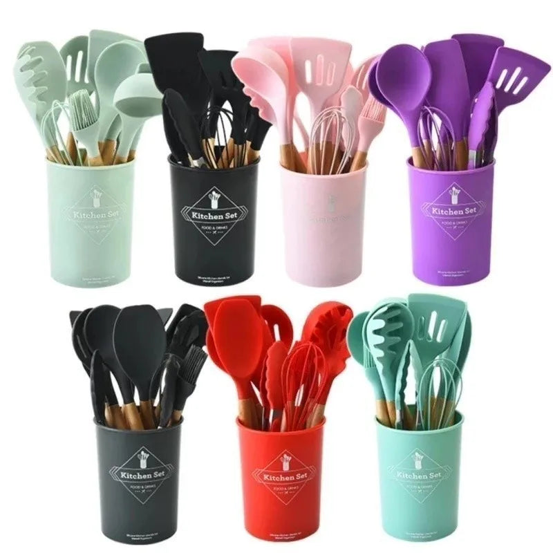 Utensílios de cozinha de silicone conjunto de utensílios de cozinha rosa antiaderente panelas espátula pá colher batedores de ovos cozinha conjunto de ferramentas