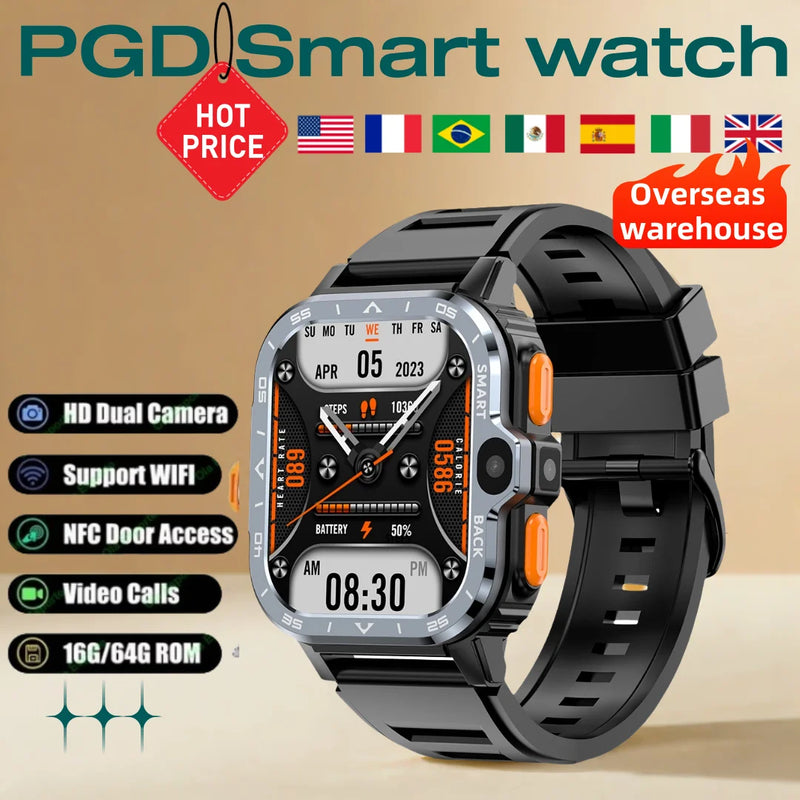 Pgd smartwatch android relógio inteligente 4g lte gps cartão sim wifi nfc câmera dupla áspero 16/64g rom armazenamento freqüência cardíaca presentes dos homens