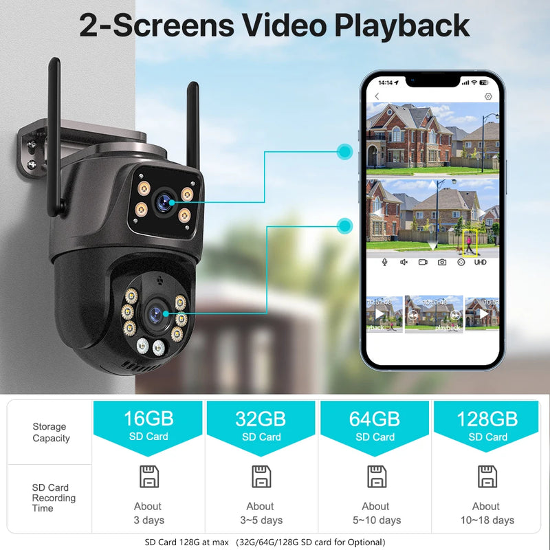 câmera ptz ao ar livre 4mp lente dupla tela ai rastreamento automático câmera ip cctv áudio vídeo vigilância p2p icsee